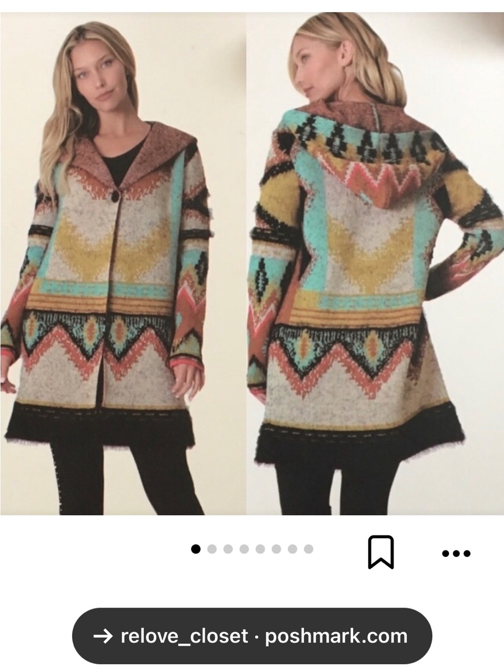 Max Sport Aztec-Pattern Hooded Cardigan in Turquoise, Mustard & Coral Size Med